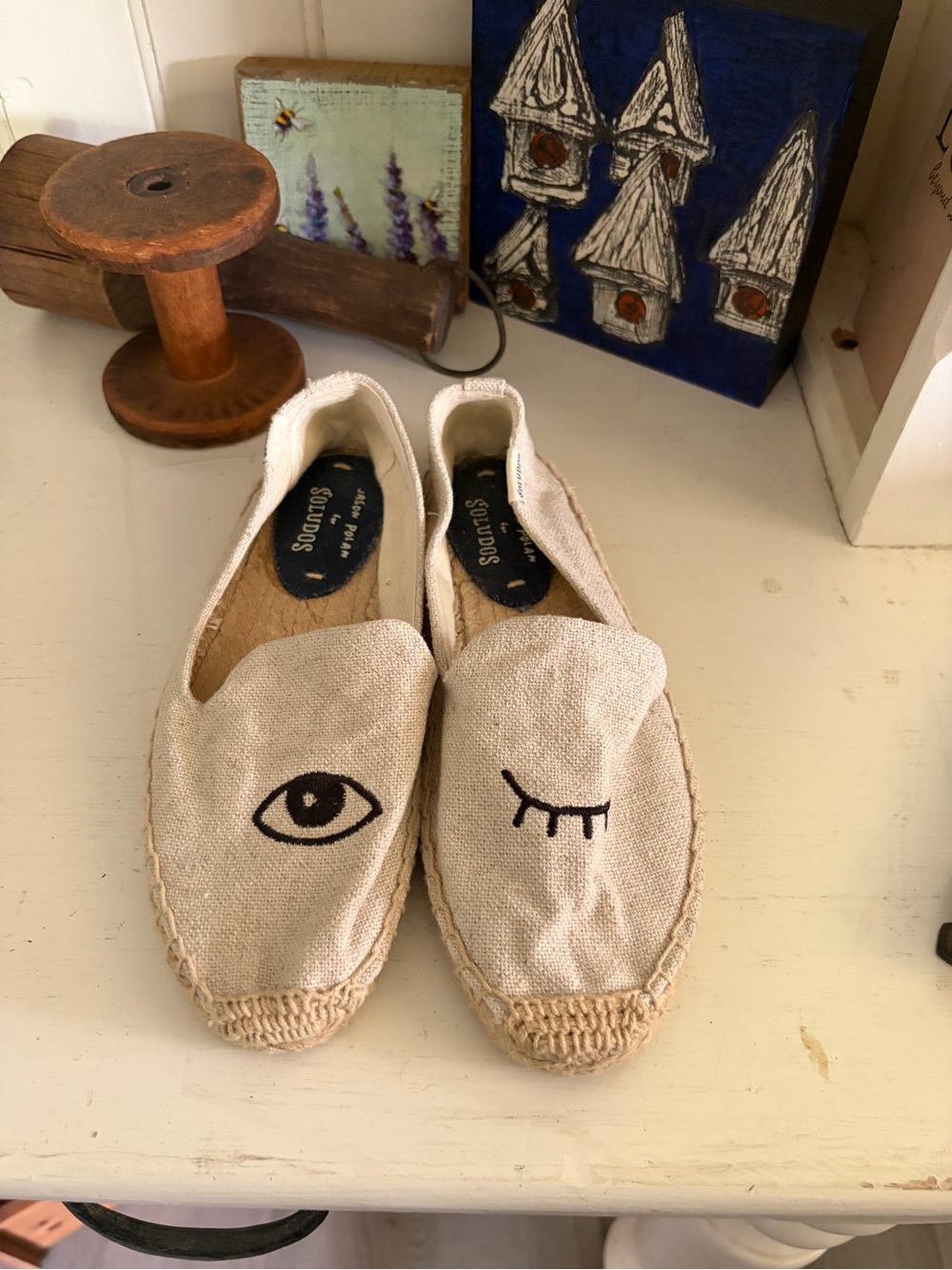 Soludos Hand-Embroidered Eye Espadrille Slip-Ons - Natural Canvas